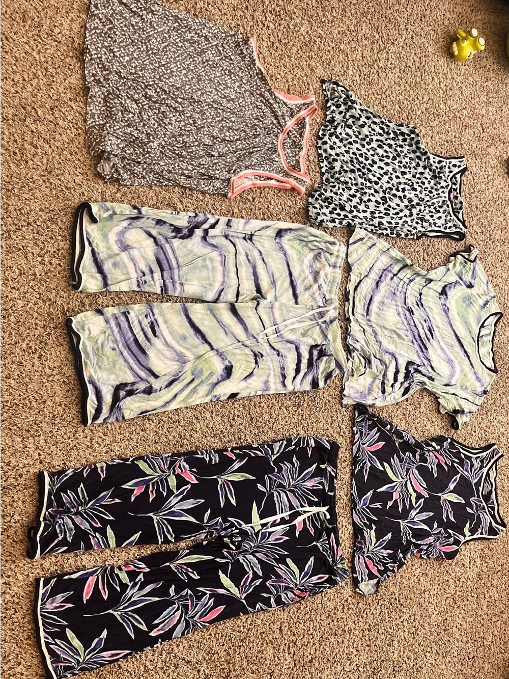 Mixed Printed Pajama Sets - Floral, Marble & Leopard Patterns 2 Sets & 2 Tops